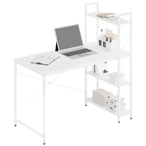 WOLTU Schreibtisch, Bürotisch mit Regal, Computertisch PC Tisch, 4 Ablagen auf rechter oder linker Seite, für Büro Homeoffice Schlafzimmer, Industrie-Design, 120x120x64 cm, Weiß von WOLTU