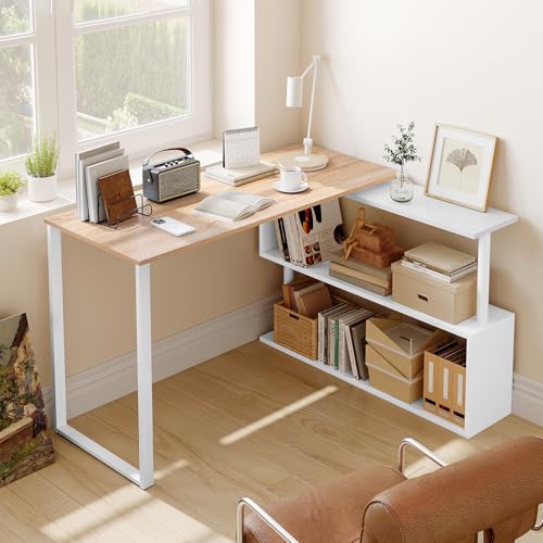 WOLTU Schreibtisch L Form mit stauraum, Eckschreibtisch klein mit 360 Grad drehbarem Regal, Computertisch für Arbeitszimmer, Bürotisch PC Laptop Tisch, 120x100x74cm, Helle Eiche von WOLTU