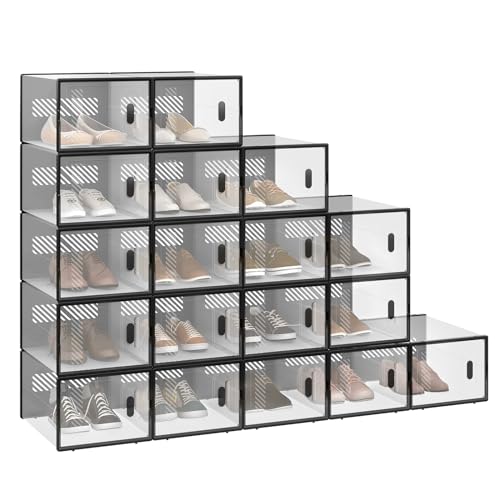 WOLTU Schuhbox stapelbar, 18er Set, Schuhkarton mit magnetischer Tür, Kunststoffbox für Schuhaufbewahrung, Faltbarer Schuhorganizer, 35x19x25 cm, transparent schwarz, SRX13stp von WOLTU