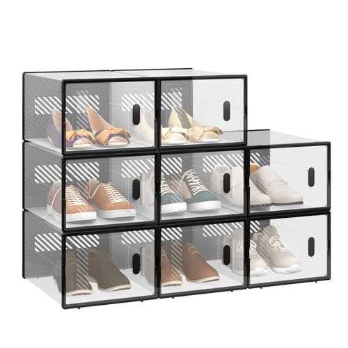 WOLTU Schuhbox stapelbar, 8er Set, Schuhkarton mit magnetischer Tür, Kunststoffbox für Schuhaufbewahrung, Faltbarer Schuhorganizer, 35x19x25 cm, transparent schwarz, SRX11stp von WOLTU