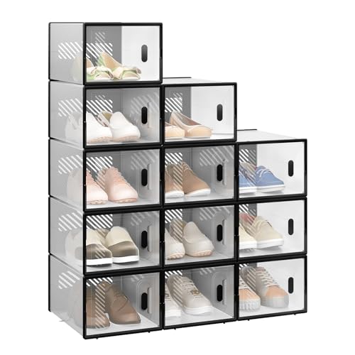 WOLTU Schuhbox stapelbar, 12er Set, Schuhkarton mit magnetischer Tür, Kunststoffbox für Schuhaufbewahrung, Faltbarer Schuhorganizer, 35x19x25 cm, transparent schwarz, SRX12stp von WOLTU