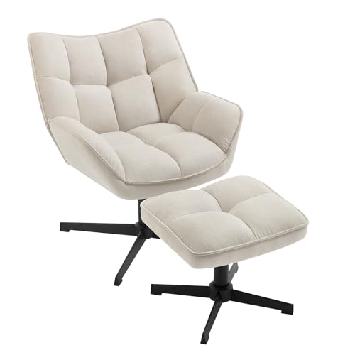 WOLTU Relaxsessel mit hocker, 360° drehbar, gepolstert, Fernsehsessel, Ohrensessel, Sessel Wohnzimmer Schlafzimmer, Leinen, Beige von WOLTU