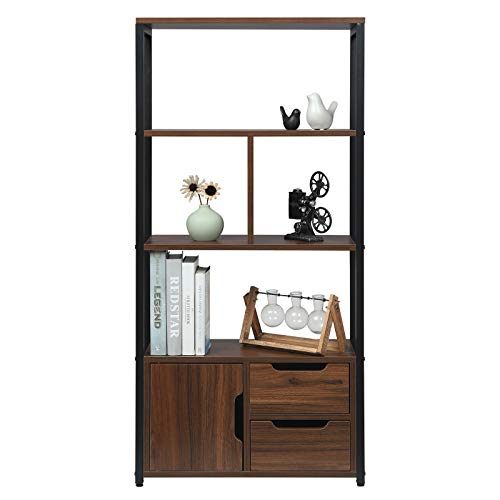 WOLTU Standregal Bücherregal Bücherschrank Küchenregal Büroregal Schuhregal Eisenrahmen Regal mit Schrank und Schubladen für Büro, Wohnzimmer, MDF Metall 58x24x120cm, Dunkelbuche RGB09dc von WOLTU