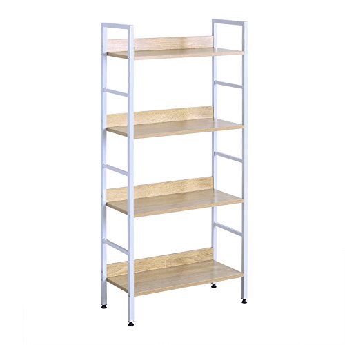 WOLTU Standregal mit 4 Ablagen Bücherregal Küchenregal Badregal aus Holz und Metal, Regale für den Abstellraum 60 x 27,5 x 126 cm Weiß + Hell Eiche RGB9304hei von WOLTU