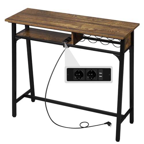 WOLTU Stehtisch Bartisch mit Ladefunktion, Konsolentisch mit Steckdosen 2 USB-Anschlüssen, Küchentisch mit Weinregal Regal, für Bar Küche Wohnzimmer, 110x40x94 cm, Vintage Holzoptik, BT44hov von WOLTU