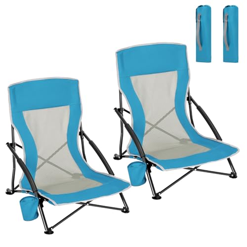 WOLTU 2er Set Strandstuhl Klappbar, Campingstuhl Leicht Faltbar, Klappstuhl Strand, Gepolsterte Armlehnen, Mesh-Rückenlehne, Mit Getränkehalter Tragetasche, Für Strand Und Camping, Blau von WOLTU