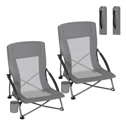 WOLTU 2er Set Strandstuhl Klappbar, Campingstuhl Leicht Faltbar, Klappstuhl Strand, Gepolsterte Armlehnen, Mesh-Rückenlehne, Mit Getränkehalter Tragetasche, Für Strand Und Camping, Dunkelgrau von WOLTU