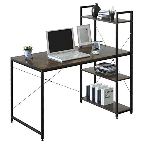 WOLTU Schreibtisch, Bürotisch mit Regal, Computertisch PC Tisch, 4 Ablagen auf rechter oder linker Seite, für Büro Homeoffice Schlafzimmer, Industrie-Design, 120x120x64 cm, Schwarz+Rostfarbe von WOLTU