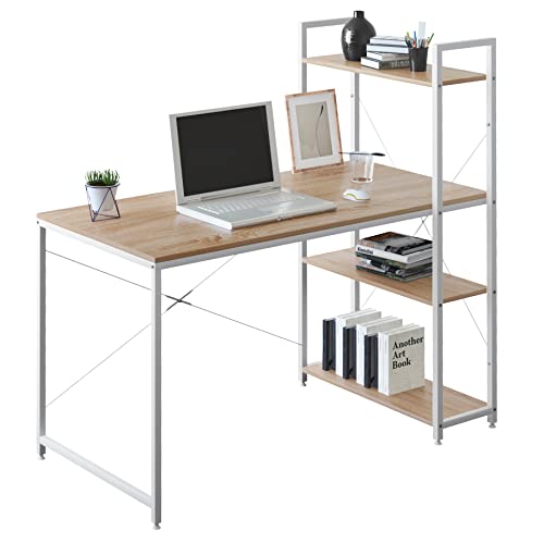 WOLTU Schreibtisch, Bürotisch mit Regal, Computertisch PC Tisch, 4 Ablagen auf rechter oder linker Seite, für Büro Homeoffice Schlafzimmer, Industrie-Design, 120x120x64 cm, Heller Eiche+Weiß von WOLTU