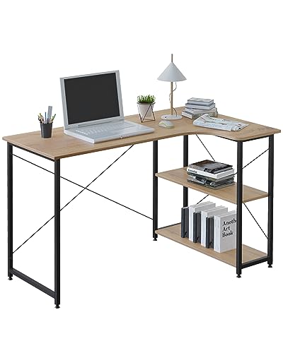 WOLTU Eckschreibtisch, L-förmiger Schreibtisch mit 2 Ablagen, Bürotisch Computertisch PC Tisch, Ecktisch Groß für Büro Homeoffice Gaming, Industrie-Design, 120x71,5x74 cm, Heller Eiche+Schwarz von WOLTU