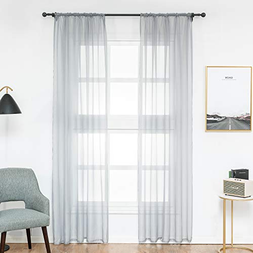 WOLTU Vorhänge mit Kräuselband Stores Gardinen Grau kurz transparent 140x245cm (BxH), 2er Set Gardinen Fensterschals Voile für Wohnzimmer Schlafzimmer Kinderzimmer von WOLTU
