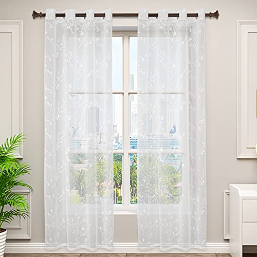 WOLTU VH6052ws-2, 2er Set Gardinen transparent Blumen Stickerei mit Ösen Leinen Optik, Doppelpack Ösenschal Vorhang Voile Fensterschal Dekoschal für Wohnzimmer Schlafzimmer, 140x175 cm, Weiß von WOLTU