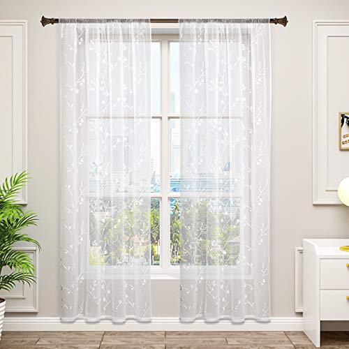 WOLTU VH6055ws-2, 2er Set Gardinen transparent Blumen Stickerei mit Kräuselband Leinen Optik, Doppelpack Vorhang Stores Voile Fensterschal Dekoschal für Wohnzimmer Schlafzimmer, 140x175 cm, Weiß von WOLTU