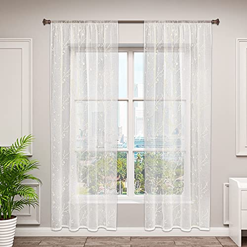 WOLTU VH6056be-2, 2er Set Gardinen transparent Blumen Stickerei mit Kräuselband Leinen Optik, Doppelpack Vorhang Stores Voile Fensterschal Dekoschal für Wohnzimmer Schlafzimmer, 140x225 cm, Beige von WOLTU