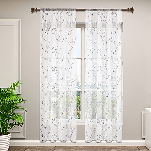 WOLTU VH6056gr-2, 2er Set Gardinen transparent Blumen Stickerei mit Kräuselband Leinen Optik, Doppelpack Vorhang Stores Voile Fensterschal Dekoschal für Wohnzimmer Schlafzimmer, 140x225 cm, Grau von WOLTU