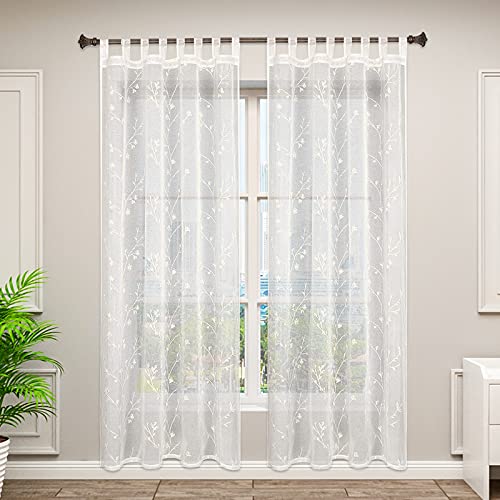 WOLTU VH6059be-2, 2er Set Gardinen transparent Blumen Stickerei mit Schlaufen Leinen Optik, Doppelpack Vorhang Stores Voile Fensterschal Dekoschal für Wohnzimmer Schlafzimmer, 140x225 cm, Beige von WOLTU