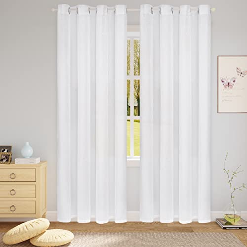 WOLTU Voile Vorhang Halbtransparent Vorhänge mit Ösen Gardine Seidengewerbe mit Flaum Ösenvorhang Gardineschal Luftig Lichtdurchlässig Dekoschal Gardinen Wohnzimmer, 135x225 cm Weiß, 2er Set von WOLTU