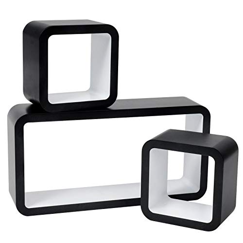 WOLTU Wandregal Cube Regal 3er Set Würfelregal Hängeregal, schwarz-weiß, Quadratisch Schwebend Design RG9248ws von WOLTU