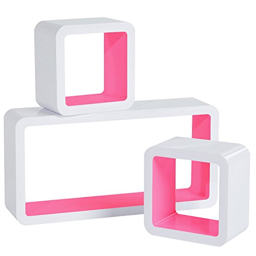 WOLTU Wandregal Cube Regal 3er Set Würfelregal Hängeregal, weiß-rosa, Quadratisch Schwebend Design RG9229rs von WOLTU