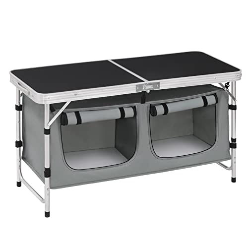 WOLTU faltbar Campingschrank Alu Campingtisch Höhenverstellbar mit Stauraum, Outdoor Campingmöbel Klapptisch Gartentisch für Picknick Strand im Freien, Schwarz+Grau, CPT8139szg von WOLTU