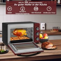 Mini Backofen 32 Liter, 1600 Watt Toasterofen Herausnehmbares, 5 Heizmodi, Doppelglastür Pizzaofen mit Drehspieß Backblech Grillrost Krümelblech von WOLTU