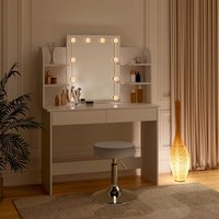 Schminktisch Schminkkommode mit 2 Schubladen 4 Ablagen Frisiertisch mit LED-Beleuchtung, höhenverstellbarer Hocker, Kosmetiktisch aus Holz, von WOLTU