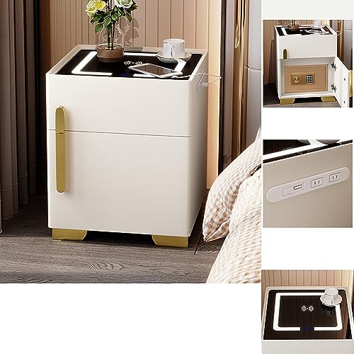 WOLWES Nachttisch und Safe in Einem, 3 Color Light Nachtschrank Mit Ladefunktion Nachttische Mit Schublade Nachtkästchen Boxspringbett für Schlafzimmer, Büro (Color : Off White, Size : Smart(35cm)) von WOLWES