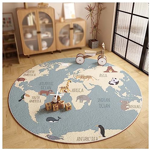 WOLWES Runder Teppich mit runder Weltkarte für Kinder, Baumwollboden(A,120cm/47in/3.9ft) von WOLWES