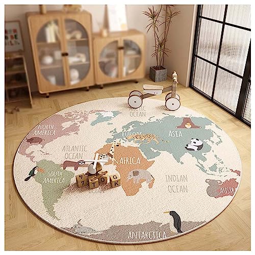 WOLWES Runder Teppich mit runder Weltkarte für Kinder, Baumwollboden(B,200cm/79in/6.5ft) von WOLWES