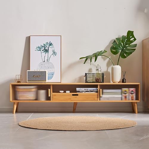 WOLWES TV Board Mit Lagerung, TV Schrank Bambus Lowboard, Schiebetür, TV Bank Fernsehtisch TV Sideboard für Wohnzimmer, Schlafzimmer, Eingangsbereich, Büro (Color : with Drawer, Size : 140cm) von WOLWES