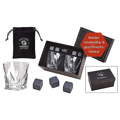 WOMA Whisky Steine Set I 4 Kühlwürfel aus Basalt inkl. Samtbeutel, 2 Whiskey Gläser & hochwertiger Holzbox I Wiederverwendbare Eiswürfel für Whiskey Wodka Gin Rum Tequila & Cocktails von WOMA