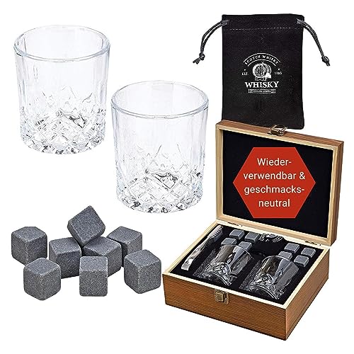 WOMA Whisky Steine Set I 8 Kühlwürfel aus Basalt inkl. 2 Whiskey Gläser & Edelstahl Zange & hochwertiger Holzbox I Wiederverwendbare Eiswürfel für Whiskey Wodka Gin Rum Tequila & Cocktails von WOMA