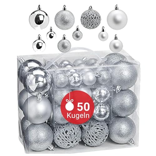 WOMA Christbaumkugeln Set Silber & 22 weiteren Farben - 50er & 100er Weihnachtskugeln Set - Weihnachtskugeln Kunststoff - Weihnachtsbaum Deko & Christbaumschmuck von WOMA