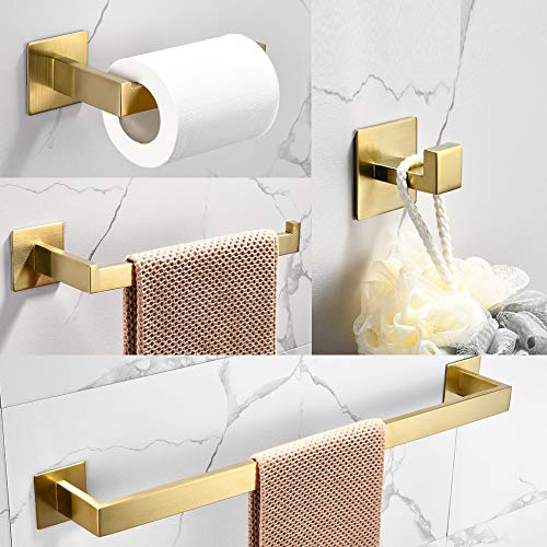 WOMAO Toilettenrollenhalter Set Gold, Ohne Bohren Handtuchhalter Selbstklebend Kleiderhaken Gebürstet Handtuchring Edelstahl Badezimmer Zubehör Set 4 Stück von WOMAO