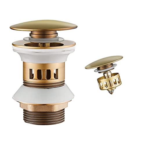 WOMAO Antik Messing Finished Ablaufgarnitur Waschbecken, Pop-Up Ablaufventil mit Überlauf und Siebkörbchen, Abfluss Ablaufventil Abflussgarnitur aus Messing von WOMAO
