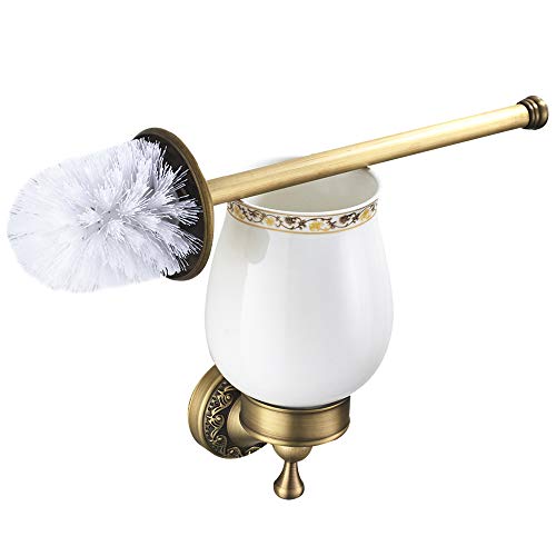 WOMAO Antik Toilettenbürstenhalter mit Bürste und Becher, Alle Messing und Weiß Keramik Konstruktion Retro Stil mit Schnitzerei Wandmontieren für WC WOMAO Antik Toilettenbürstenhalter mit Bürste und Becher, Alle Messing und Weiß Keramik Konstruktion Retro Stil mit Schnitzerei Wandmontieren für WC von WOMAO