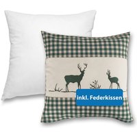 Wometo - Kissenbezug Kissenhülle 40x40 cm Hirsch grün mit Federkissen Füllung OekoTex - Reißverschluss Landhaus-Stil Dekokissen Zierkissen Stick von WOMETO