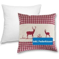 Wometo - Kissenbezug Kissenhülle 40x40 cm Hirsch rot mit Federkissen Füllung OekoTex - Reißverschluss Landhaus-Stil Dekokissen Zierkissen Stick von WOMETO