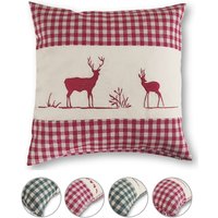 Kissenhülle Zierkissen 40x40 OekoTex - Landhaus-Stil Dekokissen Stick Hirsch rot kariert, Karo rot heller Hintergrund Reißverschluss - rot - Wometo von WOMETO