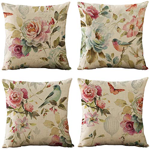 WOMHOPE Dekorative Kissenbezüge, Frühlingsblumen, Vogel, Schmetterling, Kissenbezüge, Jute, 45,7 x 45,7 cm, 4er-Set für Wohnzimmer, Couch und Bett (rosa) von WOMHOPE