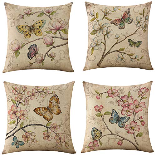 WOMHOPE Dekorativer Überwurf-Kissenbezug, Frühlingsblumen, Vogel und Schmetterling, 45,7 x 45,7 cm, 4er-Set für Wohnzimmer, Couch und Bett (Schmetterling) von WOMHOPE