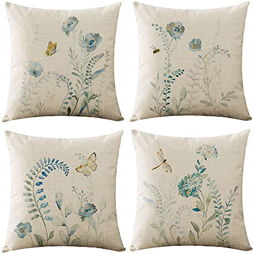 WOMHOPE Kissenbezüge, gemütlich, helle Blumen, quadratisch, Jute, 45,7 x 45,7 cm, 4er-Set für Wohnzimmer, Couch und Bett (kleine blaue Blume) von WOMHOPE