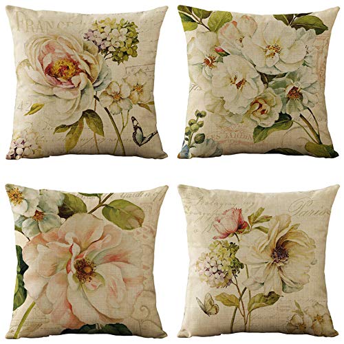 WOMHOPE Set von 4 Vintage Frühlings-Blumen Dekorative Überwurf-Kissenbezüge Kissenbezüge aus Jute, Wurfkissenbezüge 45,7 x cm für Wohnzimmer, Couch und Bett. Country Rustic 18" Beige Blume von WOMHOPE