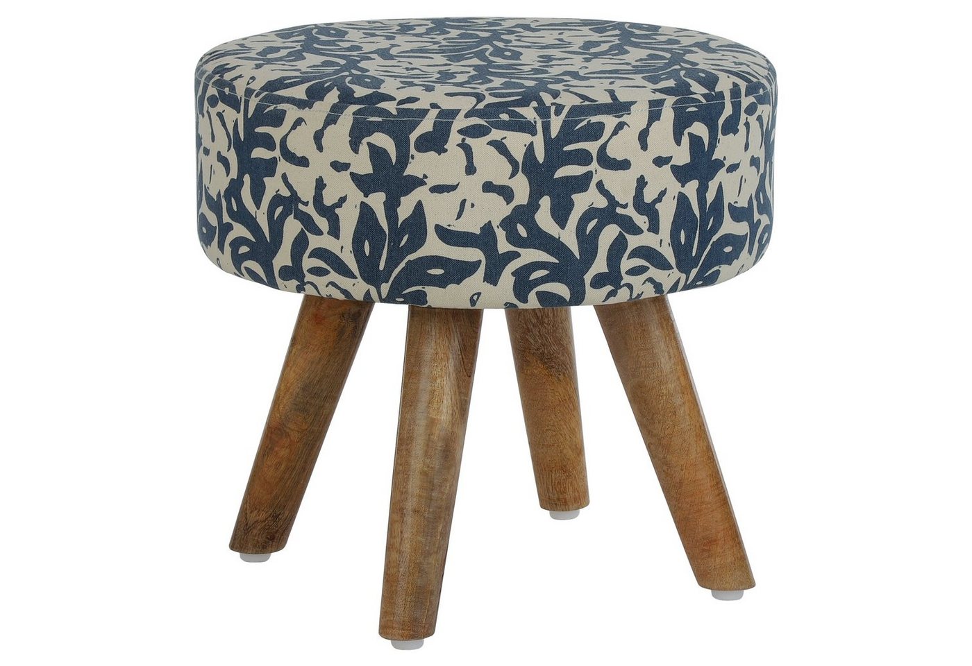 WOMO-DESIGN Hocker Sitzhocker Fußhocker Polsterhocker Holzhocker Deko, Holzbein Stoffbezug rund 38x36cm Blau-Beige Boho Vintage Stil von WOMO-DESIGN