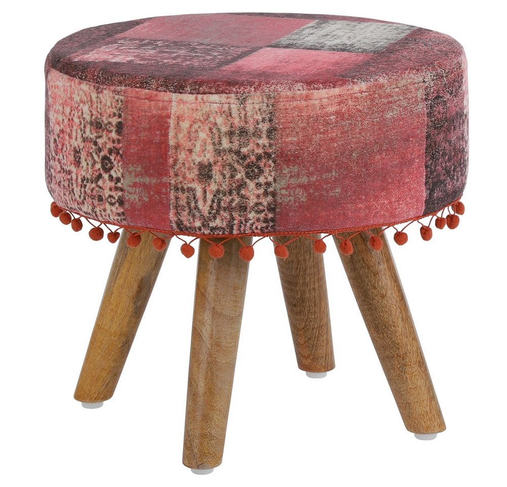 WOMO-DESIGN Hocker Sitzhocker Fußhocker Polsterhocker Holzhocker Deko, Holzbein Stoffbezug rund 38x36cm Rot Boho Vintage Stil von WOMO-DESIGN
