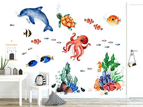 WONDER MURALS Wandtattoo Badezimmer Bad Aufkleber Wandsticker Unterwasserwelt Meer Wasserfest Wandaufkleber Kinderzimmer Babyzimmer Schildkröte Fische Delfin Selbst Gestalten (L - 115 x 92 cm (B x H)) von WONDER MURALS