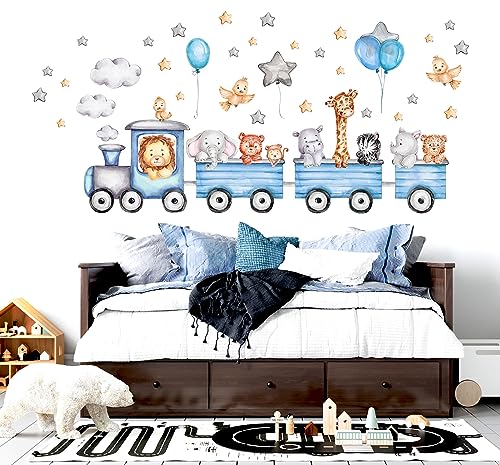 WONDER MURALS Wandtattoo Kinderzimmer Deko Mädchen Junge Baby Wandaufkleber Tiere im Zug Luftballons Sterne Schmetterlinge Wandsticker Wanddeko Babyzimmer (XL - 168 x 84 (B x H)) von WONDER MURALS