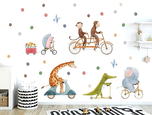 WONDER MURALS Wandtattoo Kinderzimmer Deko Mädchen Junge Wandaufkleber Tiere auf Fahrrad Wandsticker Kinder Wanddeko Babyzimmer Giraffe Affen Elefant (Giraffe & Freunde) von WONDER MURALS