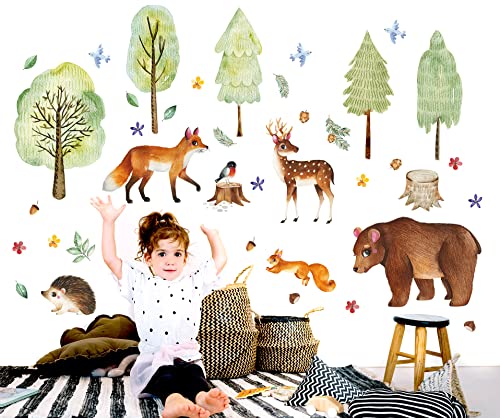 WONDER MURALS Wandtattoo Kinderzimmer Deko Mädchen Junge Wandaufkleber Waldtiere Tiere Wandsticker Kinder Wanddeko Babyzimmer Fuchs Hirsch Bär Igel Eichhörnchen (L - 139 x 81 cm (B x H)) von WONDER MURALS