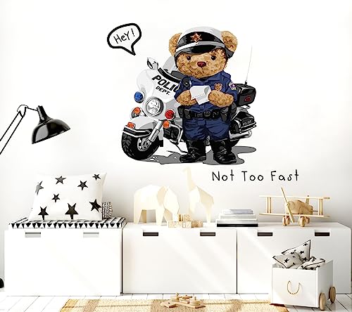 WONDER MURALS Wandtattoo Kinderzimmer Polizei Bär auf Motorrad Deko Mädchen Junge Wandaufkleber Wandsticker Kinder Wanddeko Babyzimmer von WONDER MURALS